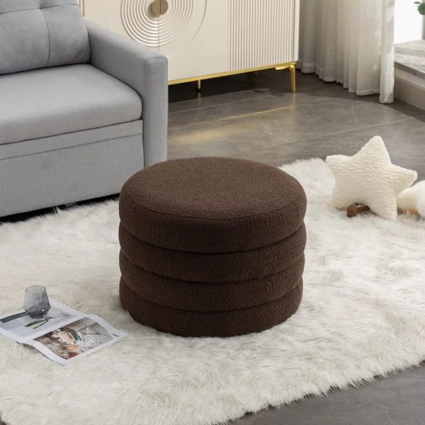 Round Ottoman Footrest Stool with Storage - Brown Boucle | Wayfair North America