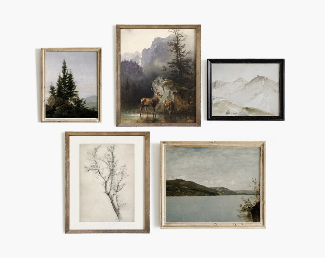 Vintage Lake House Gallery Wall SET of Five, Vintage Art Prints, Rustic Lodge Decor, Digital Down... | Etsy (US)