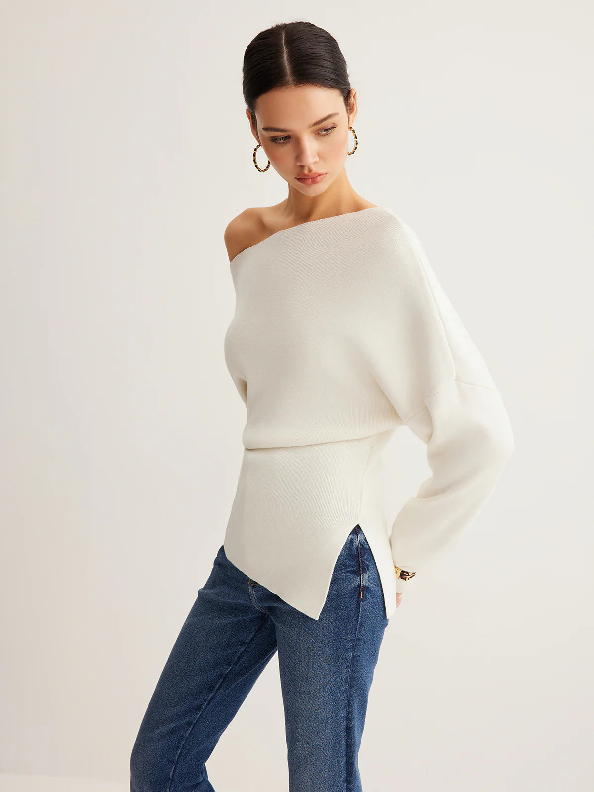 Wool-Blend Asymmetrical Neck Knit Top | Commense