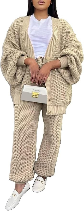 LROSEY Women 2 Piece Lounge Sets Outfits Oversized Button Down Cardigan Sweaters Set Cable Knit S... | Amazon (US)