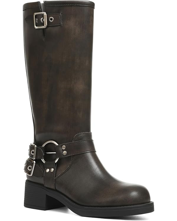 Knee High Boots Women Square Toe Pull On Wide Calf Riding Fashion Buckles Chunky Metallic Casual ... | Amazon (US)