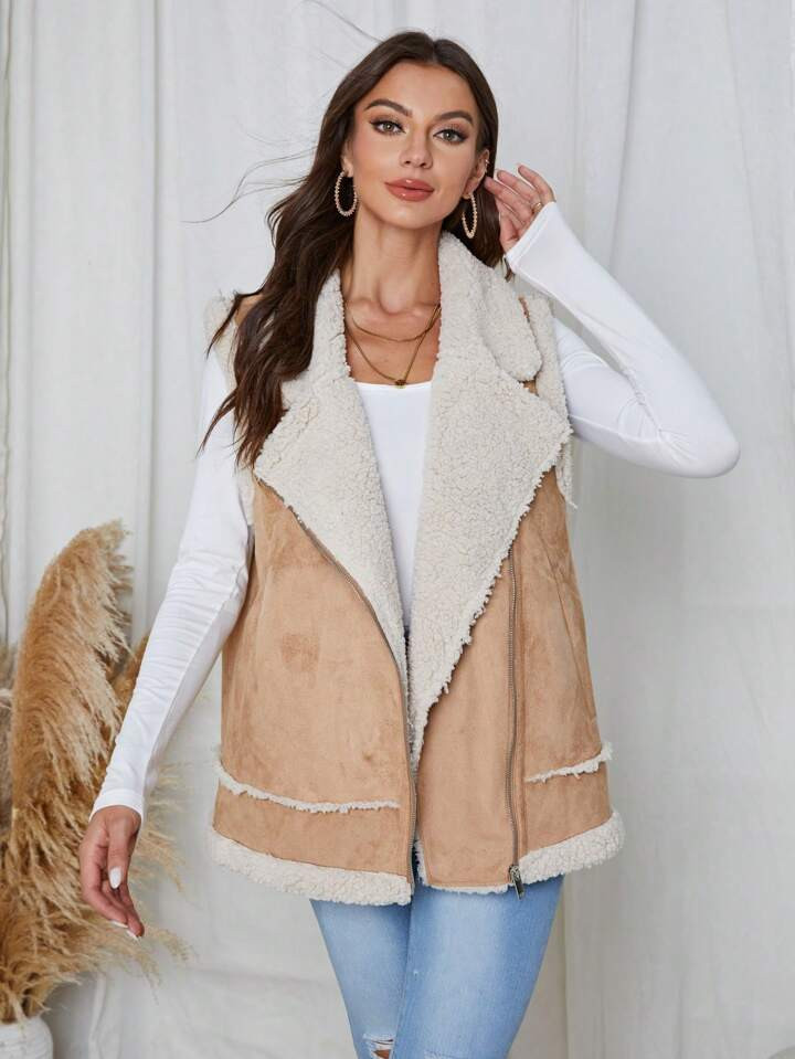 Teddy Lined Zip Up Suedette Vest Jacket | SHEIN