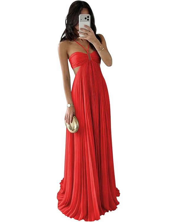 Amazon.com: Ywwaaq Long Halter Maxi Gown Pleated Red Backless A-Line Strapless Cutout Bridesmaid ... | Amazon (US)
