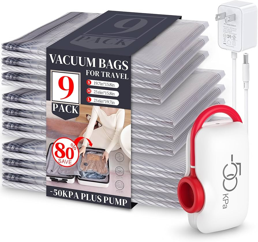 VMstr 9 Pack Vacuum Storage Bags for Travel, Carry-on Size Space Saver Bags for Luggage Clothes a... | Amazon (US)