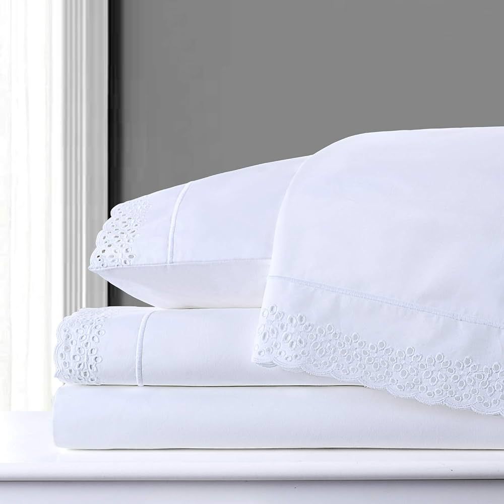PANDATEX 100% Combed Cotton Percale Sheets Set White Queen Size Deep Pocket Embroidered Eyelet La... | Amazon (US)