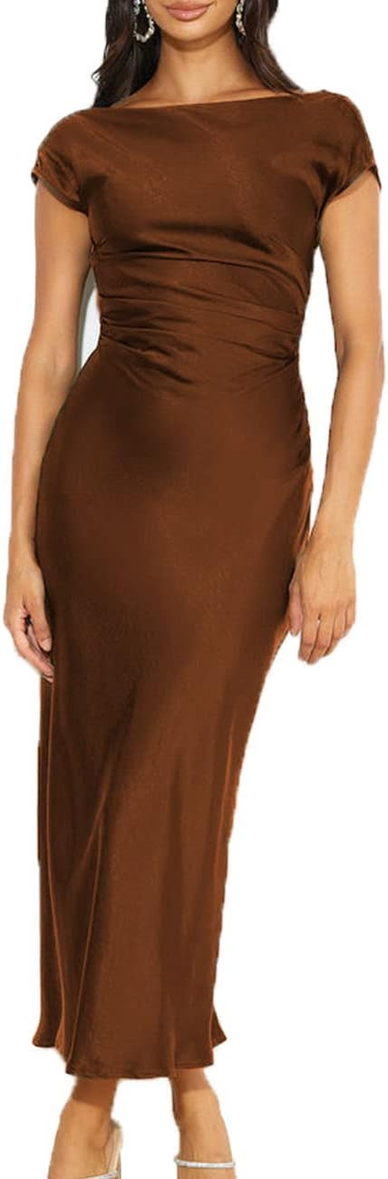 2025 Satin Cap Sleeve Cowl Back Summer Dresses for Women Elegant Ruched Waist Wedding Guest Midi ... | Amazon (US)