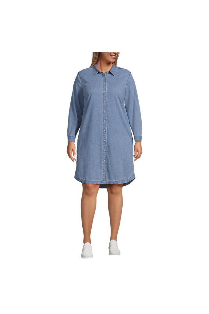 Women's Plus Size Chambray Button Front Dress - Lands' End - Blue - 1X | Lands' End (US)