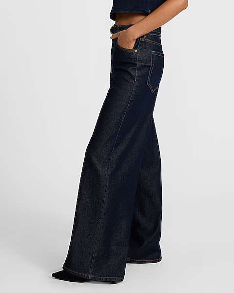 High Waisted Dark Wash Rinse Belted Wide Leg Jeans | Express