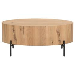 Alina Rustic Lodge Light Brown Oak Wood Black Iron Base Round Coffee Table | Kathy Kuo Home