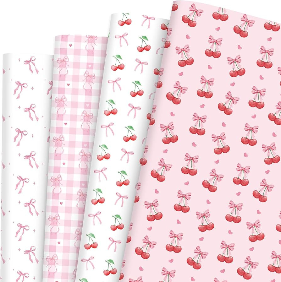 Pineraap 12 Sheets Cherry Bow Wrapping Paper, Watercolor Bow Cherry Gift Wrap Pink Gift Packing P... | Amazon (US)