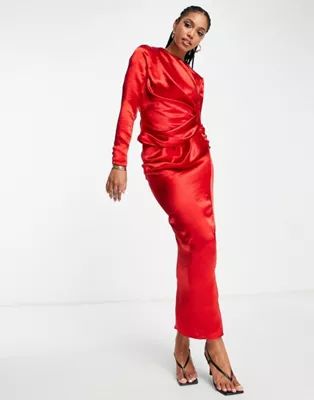ASOS DESIGN satin high drape neck maxi dress with long sleeves in red | ASOS (Global)