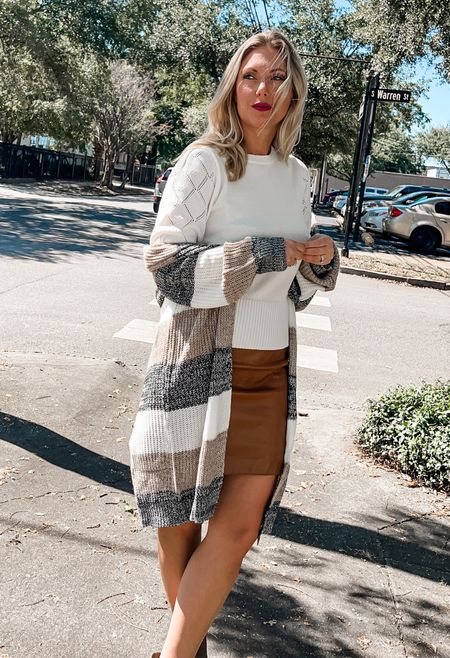 Cardigans add so much to an outfit . This cardigan so lightweight, great for the slightly warmer days. I paired this with a cute white top and faux leather skirt. #datenightoutfit #colorblock #cardigan #fauxleather #skirt #falloutfit 

#LTKSeasonal #LTKstyletip #LTKU