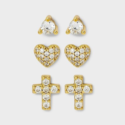 14K Gold Plated Cubic Zirconia Heart and Cross Earring Set 3pc - A New Day™ Gold | Target
