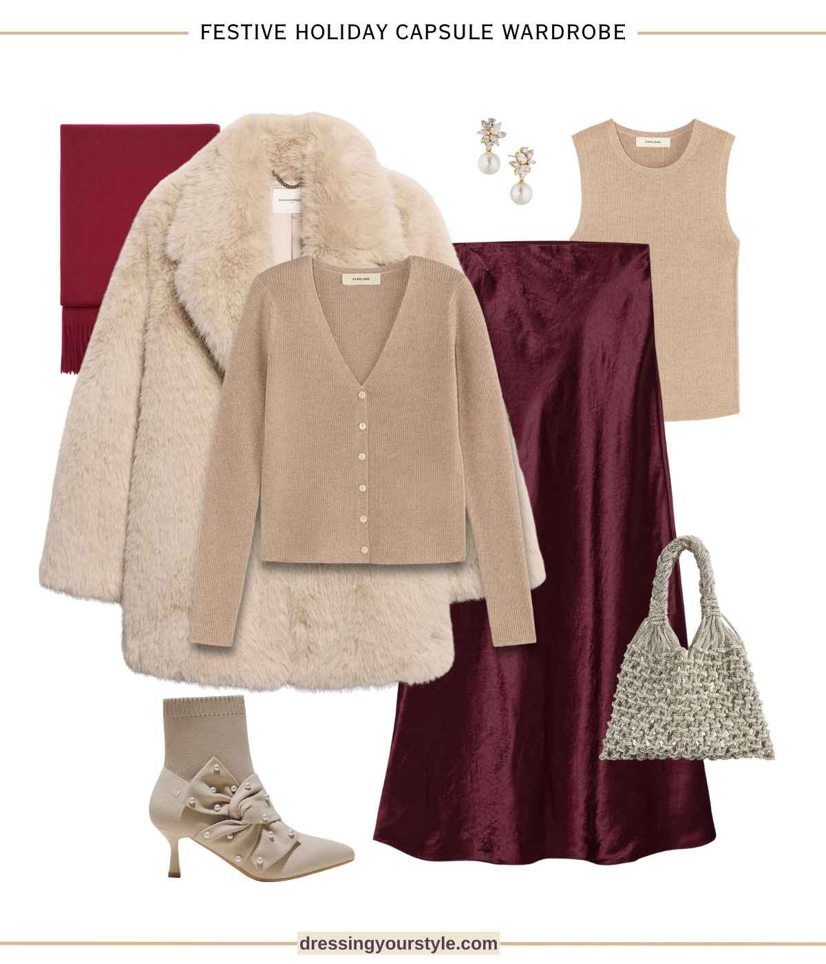 Festive holiday outfit outfit with burgundy slip skirt, metallic cardigan and faux fur coat  

#LTKParties #LTKHoliday #LTKSeasonal