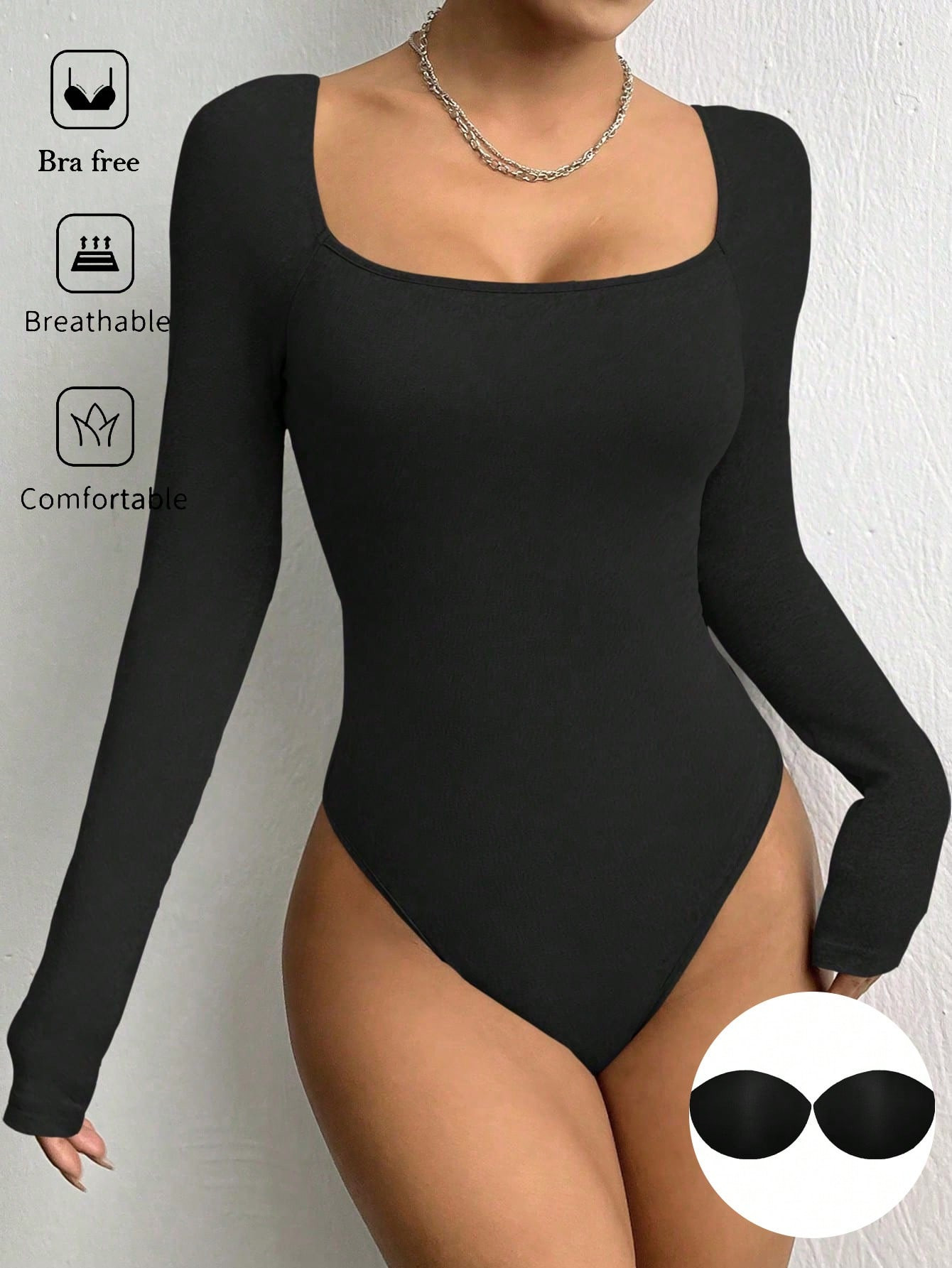 SHEIN MOOSTA Black Long Sleeve Slim-Fit Bodysuit With Padded Bust | SHEIN