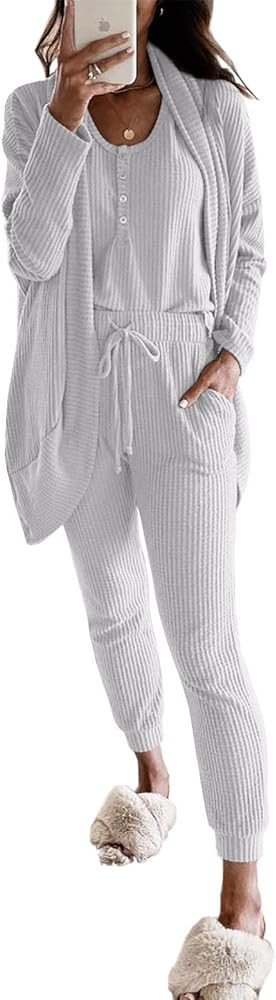 Women 3 Piece Lounge Sets Waffle Knit Henley Tank Top Pajama Pants Joggers Cardigans Outfits | Amazon (US)