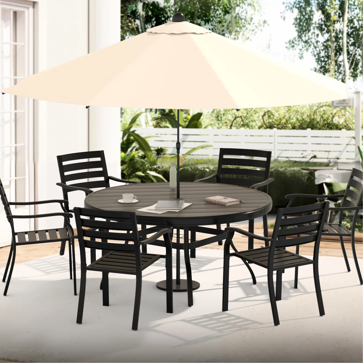 Outdoor Round Dining Table For 4 - 6 People, All Weather Steel With Umbrella Hole, Black Modern D... | Wayfair North America