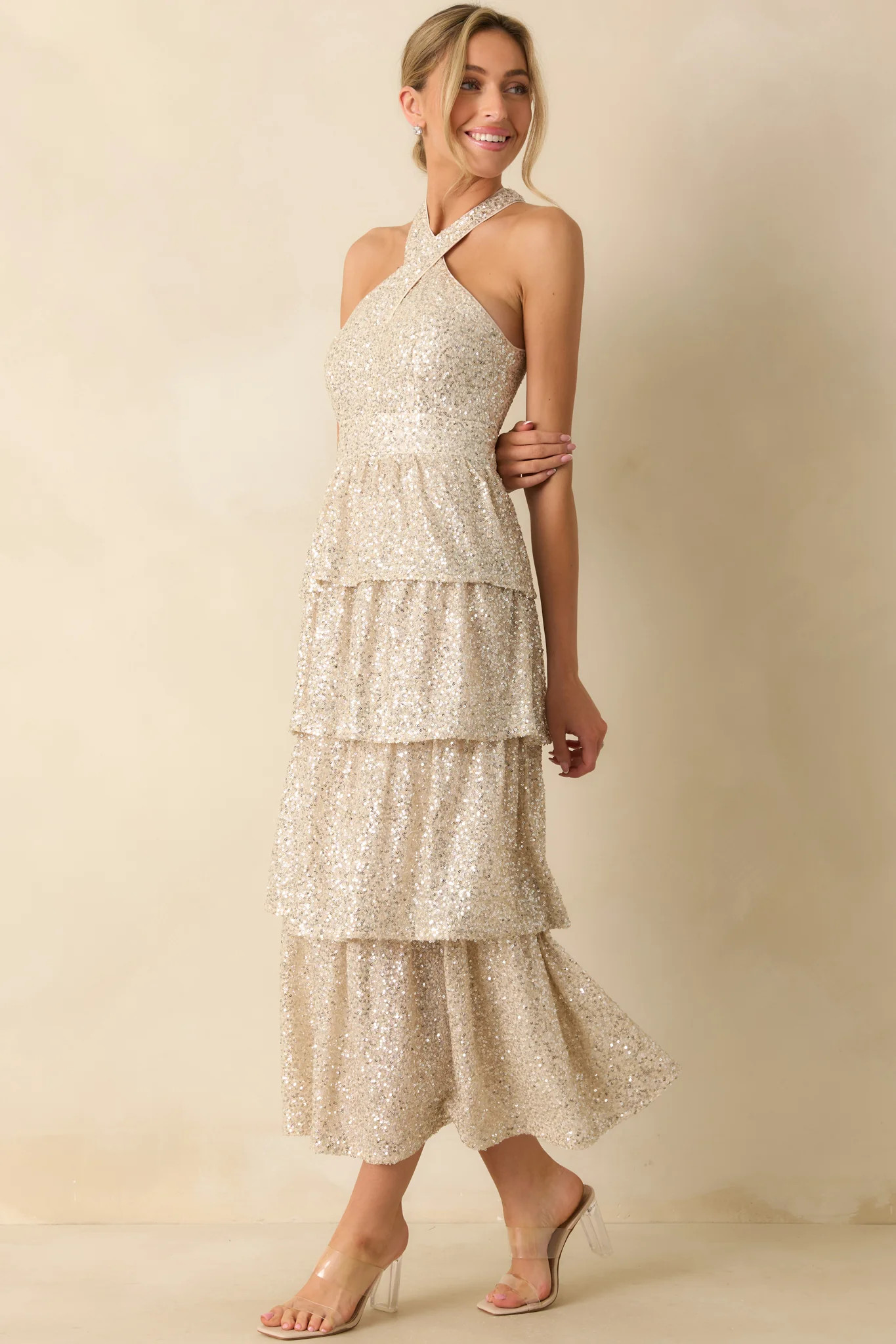 Always On Point Champagne Sequin Halter Maxi Dress | Red Dress