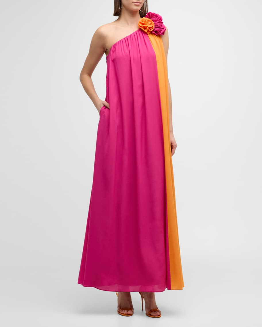 One-Shoulder Colorblock Trapeze Maxi Dress | Neiman Marcus