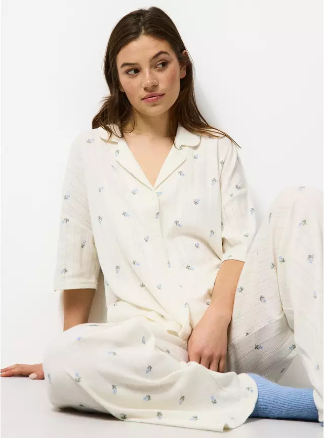 Cream Blueberry Print Pointelle Traditional Pyjamas M | Tu Clothing