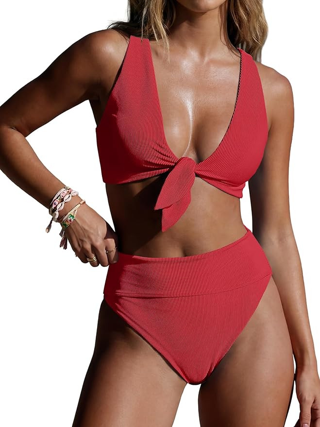 ANRABESS Bikini Sets for Women Summer High Waisted 2 Piece Bathing Suit Ribbed Tie Knot Swimsuit ... | Amazon (US)