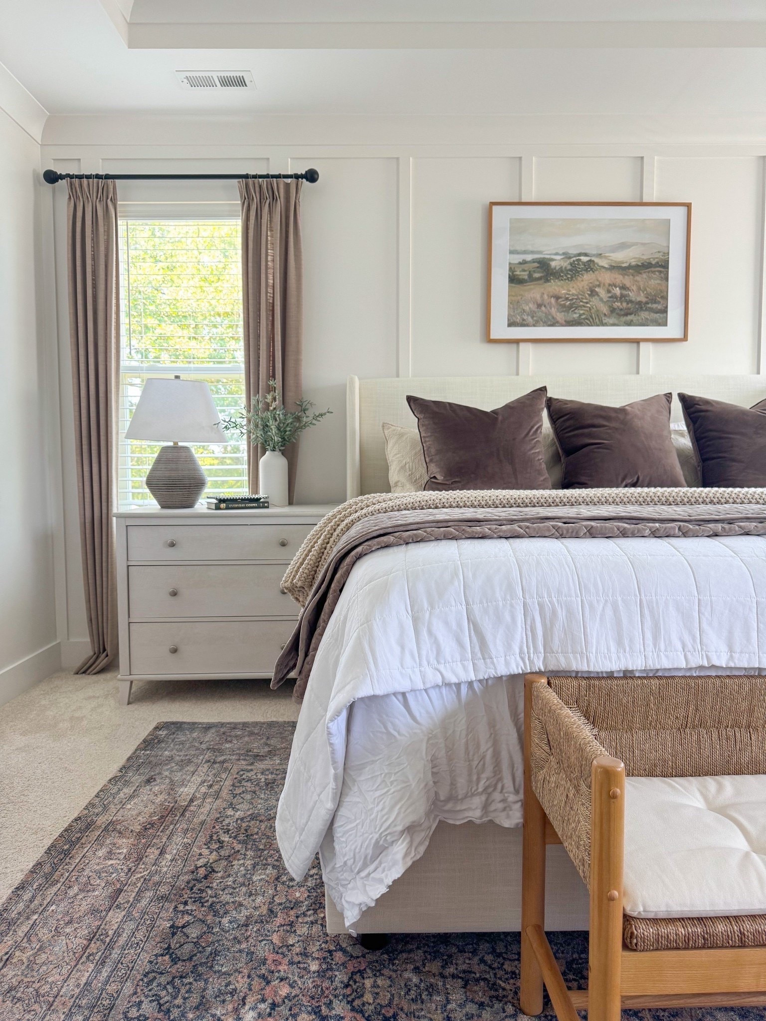 Modern Classic bedroom, bedroom decor, bedroom furniture, Tilly bed, transitional home, master bedroom ideas, neutral bedroom, bedroom curtains, pinch pleats, neutral bedding, art over bed, affordable art, nightstands

#LTKHome