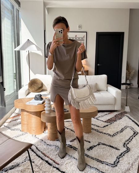 Edgy T-shirt mini dress with removable shoulder pads XS 
Western boots and fringe suede bag fits my large phone and more! 

#LTKitbag #LTKstyletip #LTKshoecrush