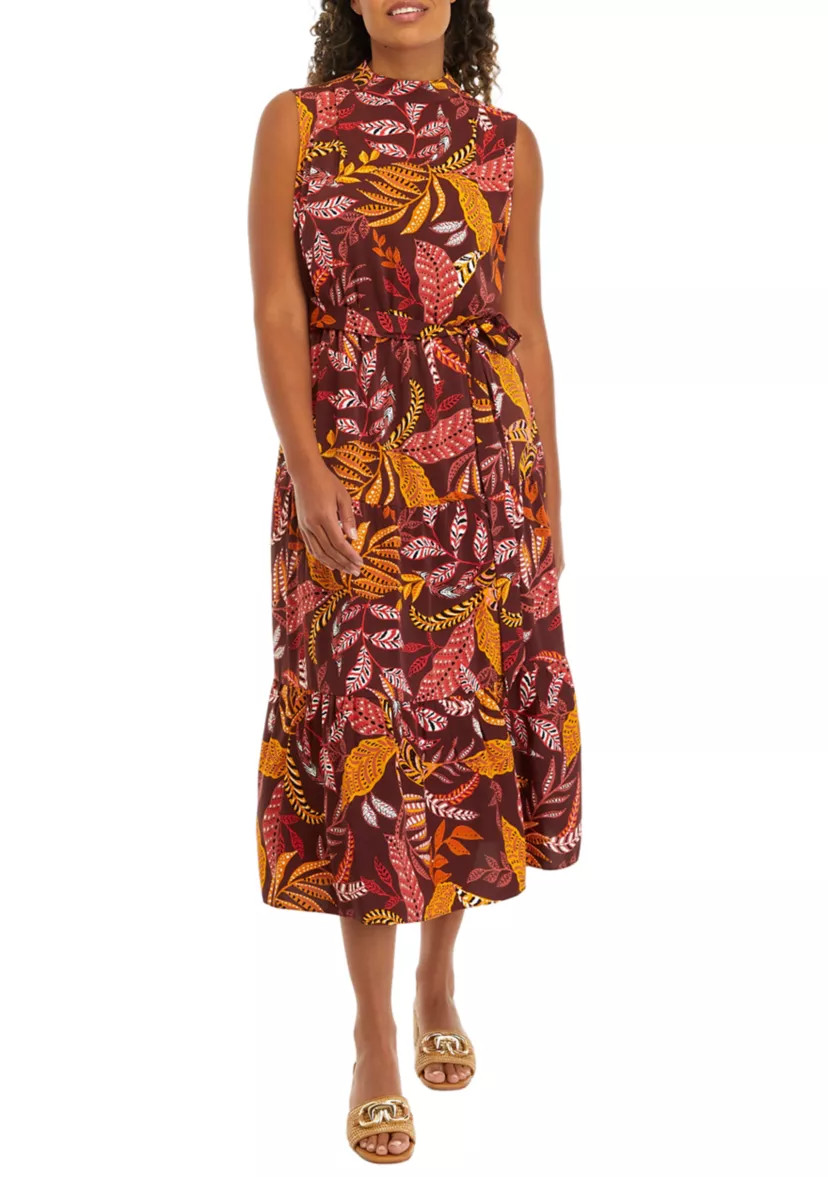 Women's Leaf Print Belted Sleeveless Dress | Belk