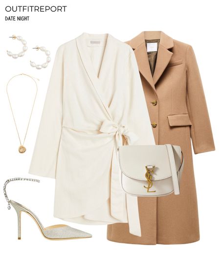 Date night outfit camel coat jacket white silk satin mini dress jimmy Choo shoes ysl handbag and jewellery

#LTKitbag #LTKshoecrush #LTKstyletip