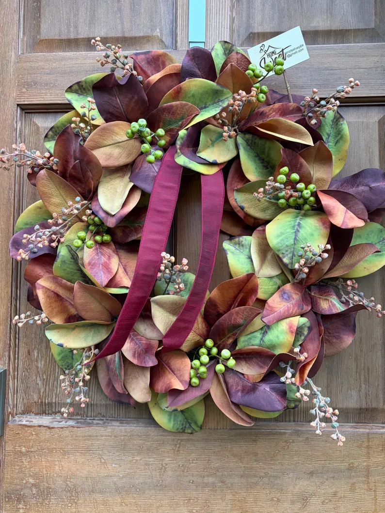 Handcrafted Fall Magnolia Berry Wreath \u2013 Autumnal Burgundy & Green Leaves | Etsy (Global)