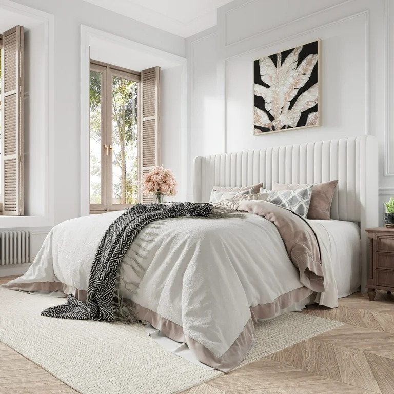 Amolife King Size Velvet Vertical Stripe Upholstered Bed Frame with Wingback Headboard, Off-White | Walmart (US)