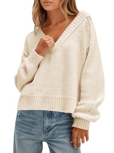 Saodimallsu Womens V Neck Pullover Sweaters Casual Knit Long Sleeve Loose 2025 Fall Cropped Tops Apricot | Amazon (US)