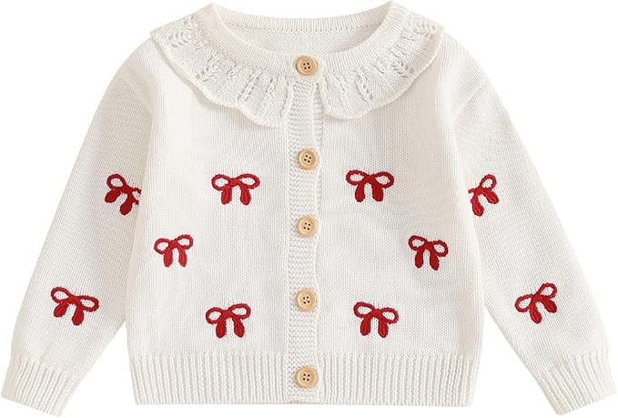 Baby Girl Bow Sweater Cardigan Open Front Button Down Long Sleeve Knitwear Coat Toddler Fall Spri... | Amazon (US)