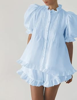Women Ruffle 2 Piece Sets Fashion Puff Sleeve Button Down Shirts and Shorts Cotton Pajamas Sets | Amazon (US)