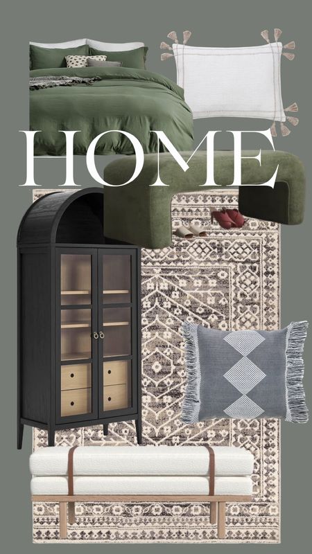 Easy home refresh.  Rugs. Cabinets. Pillows. Bedding. Bench 