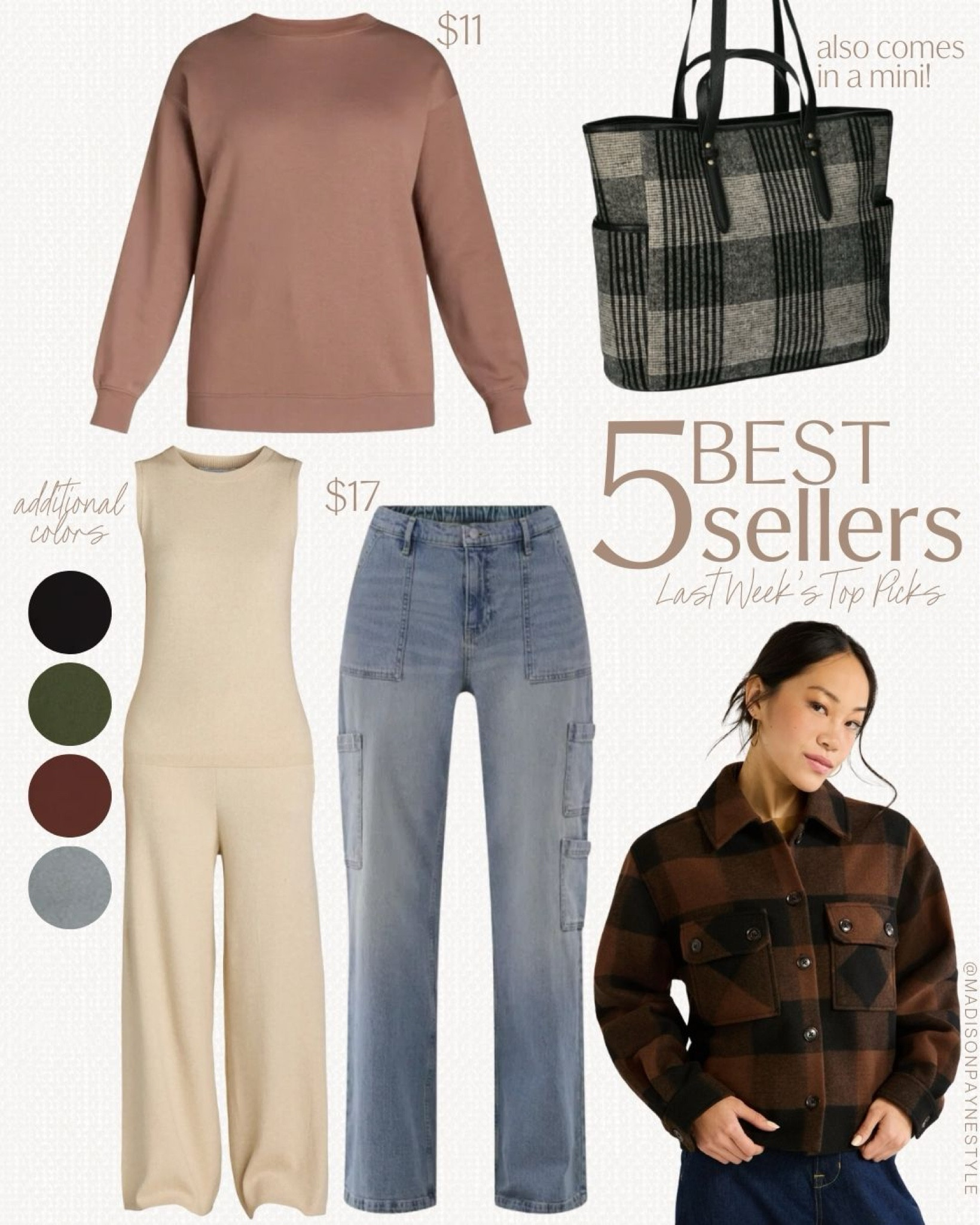 Last week’s best sellers were all Walmart, and they include an $11 sweatshirt, a plaid tote (also available in a mini and barrel bag), a 2-piece set, $17 cargo jeans, and a plaid shacket 

Best sellers, sweatshirt, plaid tote, Walmart 2 piece set, jeans, cargo jeans, Walmart jeans, Walmart tote, fall tote, fall handbag, plaid shacket, shacket, fall shacket, Walmart shacket, madison Payne 

#LTKStyleTip #LTKFindsUnder50 #LTKSeasonal