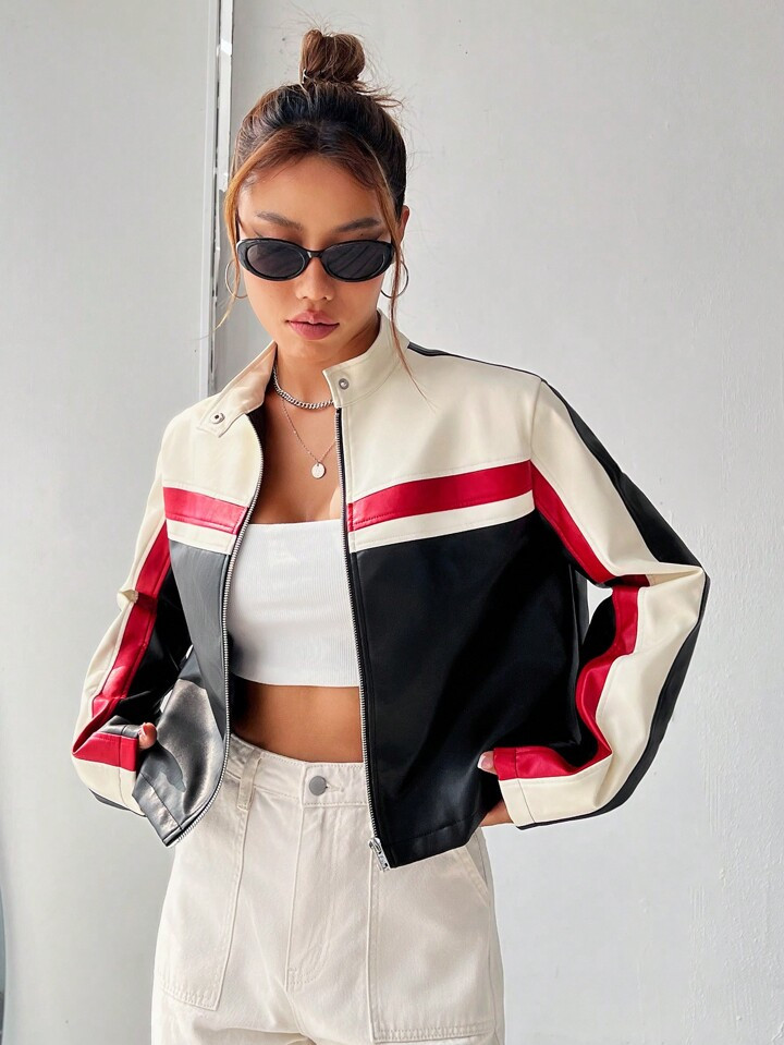 SHEIN Coolane Spring And Autumn Color Block Zip Short Jacket | SHEIN