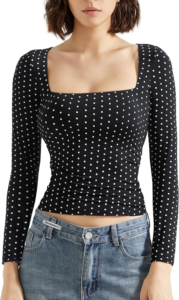 SUUKSESS Women Square Neck Long Sleeve Tops Double Lined Going Out T Shirts | Amazon (US)