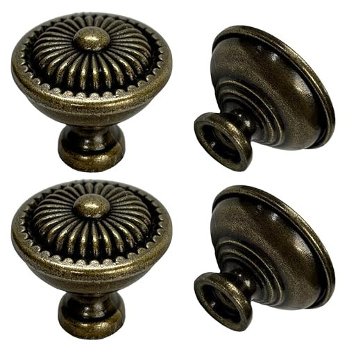 TAOEIFUOR Antique Brass Cabinet Knobs 1 Pack Round Vintage Metal Cabinet Hardware for Dresser Drawer Rustic Classic Kitchen Cabinet Door Pulls Handles Single Hole Knobs (1, Antique-Brass) | Amazon (US)