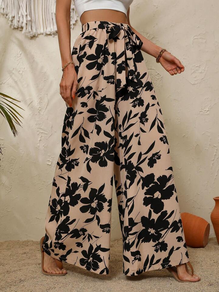 SHEIN VCAY Floral Print Belted Wide Leg Pants | SHEIN