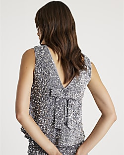 Silver Velvet Sequin Sleeveless Bow Back Top | River Island UK & IE