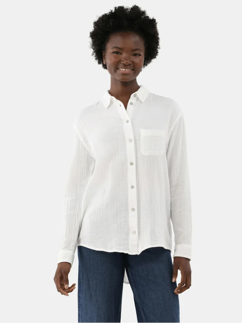 Time and Tru Women's Double Cloth Cotton Shirt, Sizes XS-XXXL | Walmart (US)