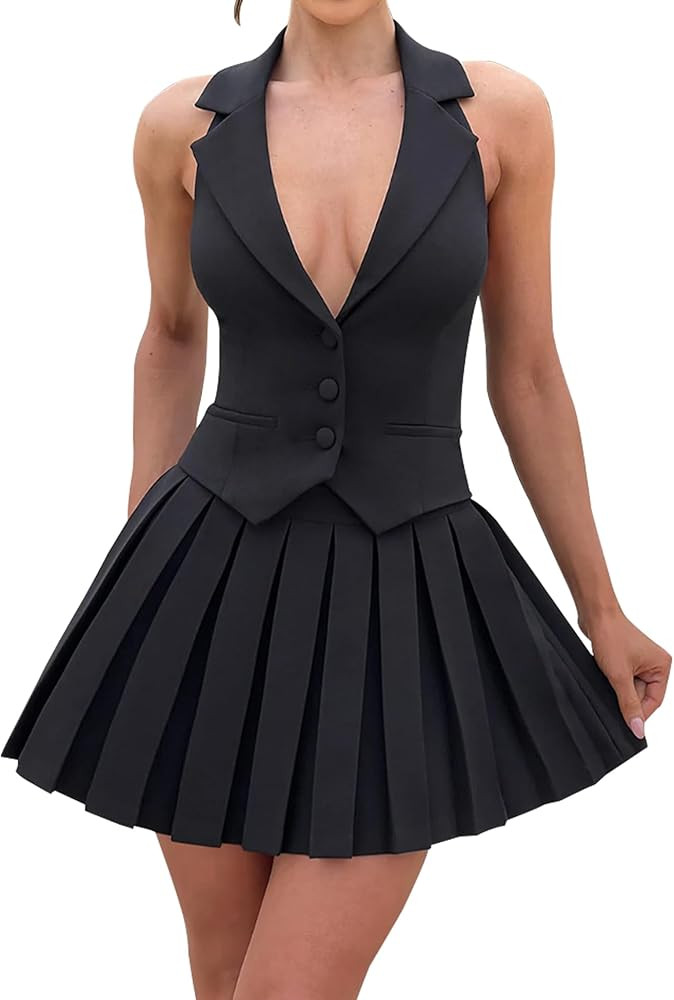 Women's 2 Piece Sets for Women Button Down A-Line V Neck Sleeveless Blazer Vest and Mini Pleated ... | Amazon (US)