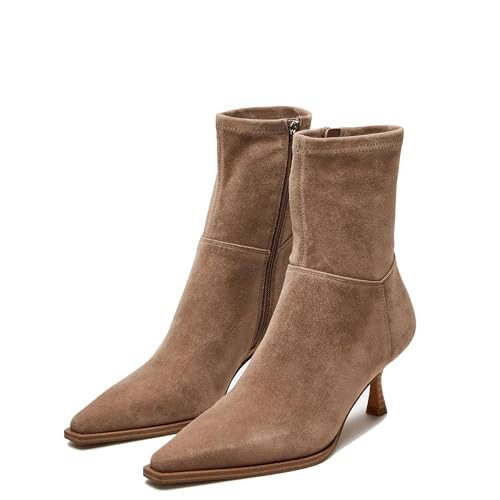 Atsroel Womens Brown Suede Fall Boots with Side Zip, Ankle, Mid Calf, Pointed Toe, Kitten Heel, Dressy Short Boots | Amazon (US)