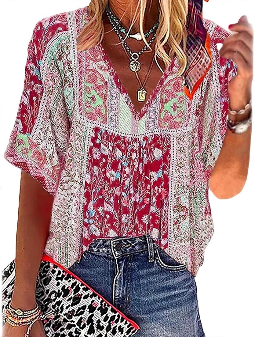 Women's Floral Print Boho Summer Tops Ethnic Print Tunic Tops Plus Size V Neck Casual Blouses for... | Amazon (US)