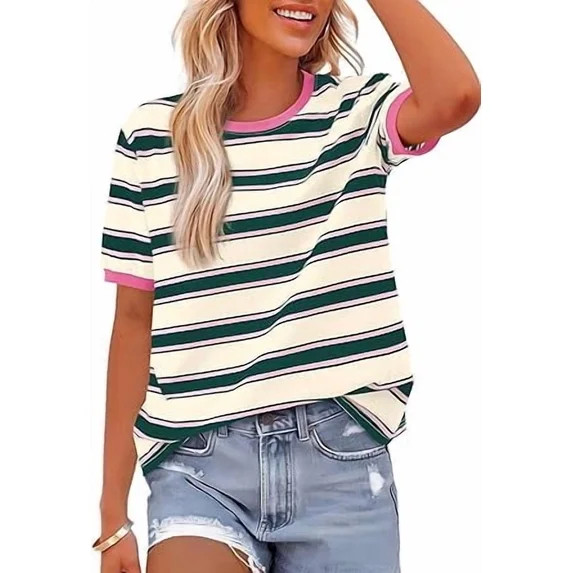BTFBM Summer Tops for Women Crewneck Short Sleeve Striped T Shirts Casual Spring Clothes Color Bl... | Walmart (US)