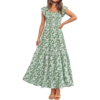 PRETTYGARDEN Women's Summer Flowy Maxi Dress Casual Cap Sleeve V Neck Smocked Beach Sundress | Amazon (US)