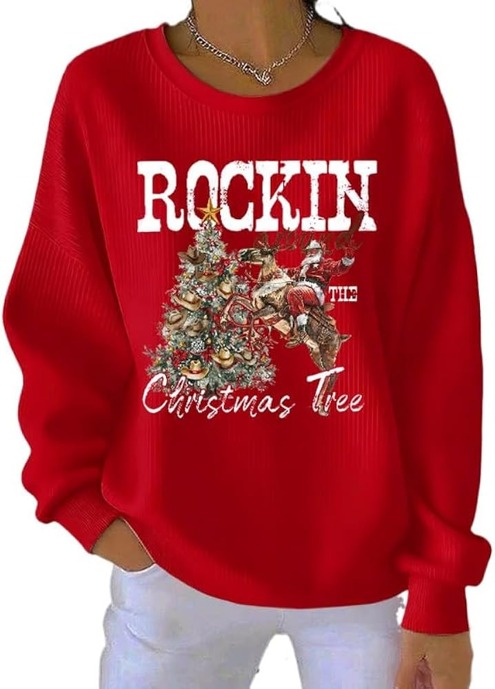 Retro Rockin Around The Christmas Tree Print Hoodie Western Christmas Cowboy Sweatshirt | Amazon (US)