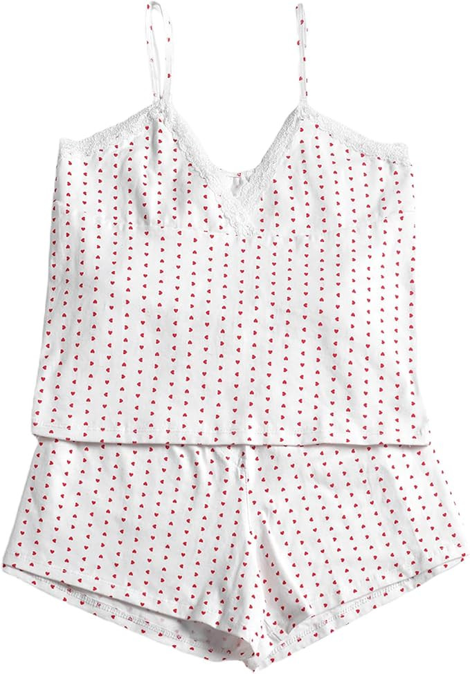Fabumily Womens Cami Pajama Set Y2k Sleepwear Heart Print Lace Trim Sleeveless PJ Set with Shorts... | Amazon (US)