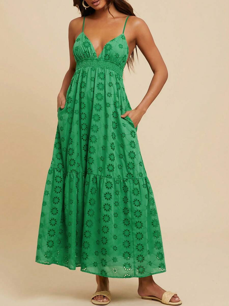 Travachic Women's Plain Hollow-Out Embroidery Backless Dress With Big,Spring&Summer,Summer Outfit... | SHEIN
